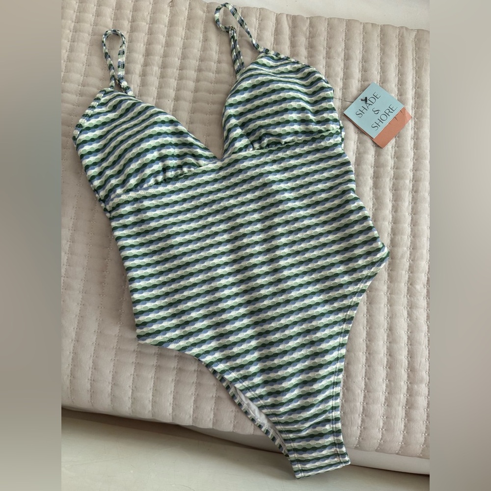 Shade & Shore Shades Green Navy and White Striped One-Piece Swimsuit